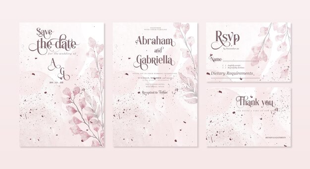 PSD beautiful wedding invitation template with leaves and flowers with pink watercolor background