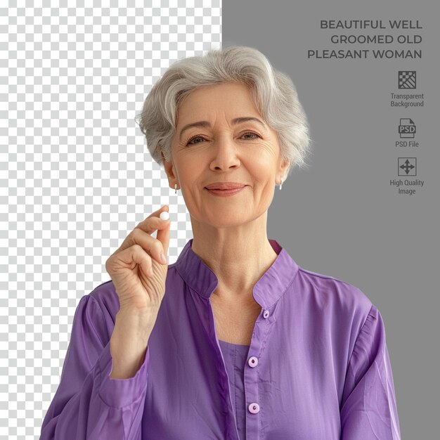 PSD beautiful well groomed old pleasant woman isolated on transparent background