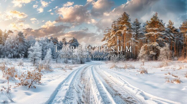 PSD beautiful winter landscape panorama with road and forest