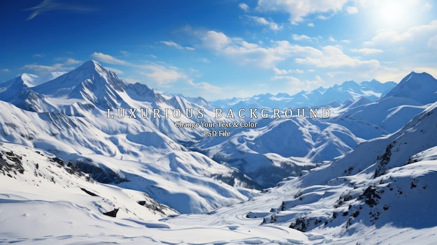 PSD beautiful winter mountains panorama with snow covered peaks and blue sky