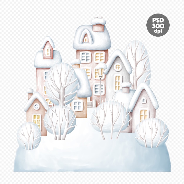 Beautiful winter town hand drawn digital illustration