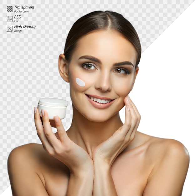 Beautiful woman showcasing skincare cream on her face