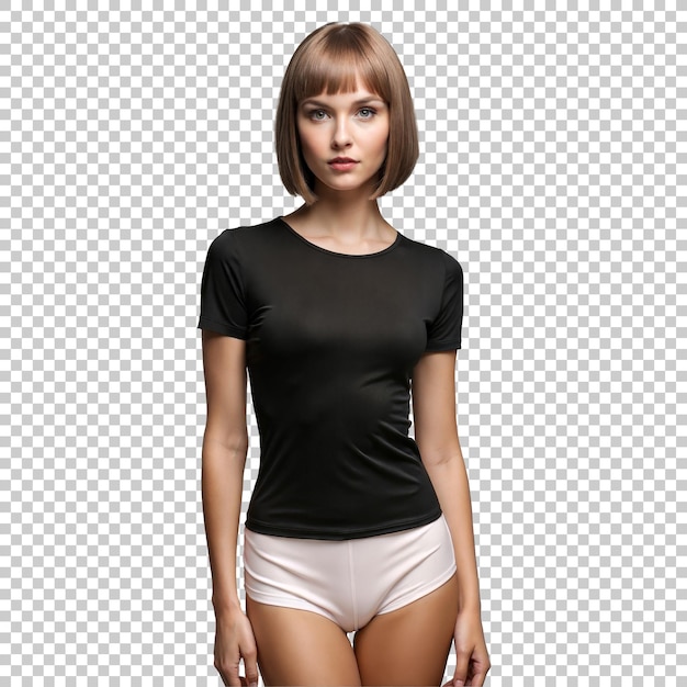 Beautiful woman wearing black tshirt and white pants isolated on transparent background