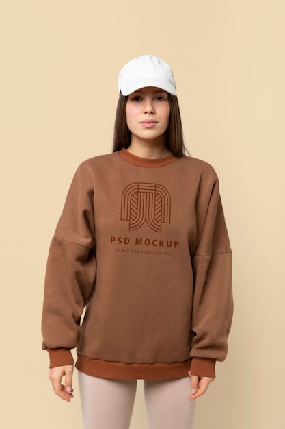 Beautiful woman wearing hoodie mockup