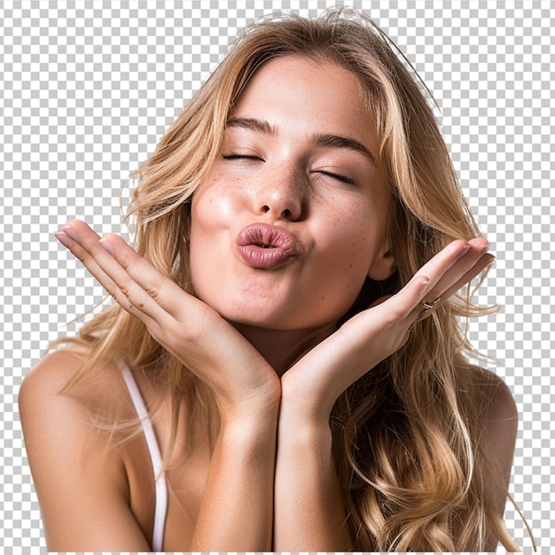 A beautiful young casual model with blonde hair posing as a blond woman blowing a kiss with love or flirting gesture isolated on a png background on white background