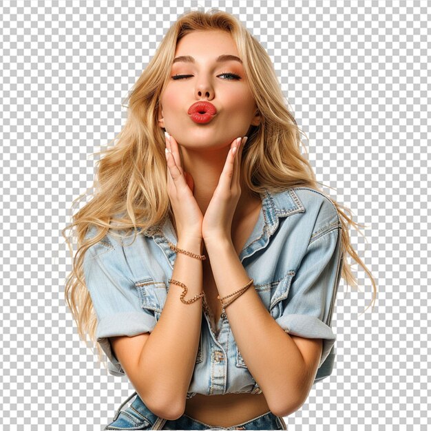 PSD a beautiful young casual model with blonde hair posing as a blond woman blowing a kiss with love or flirting gesture isolated on a png background on white background