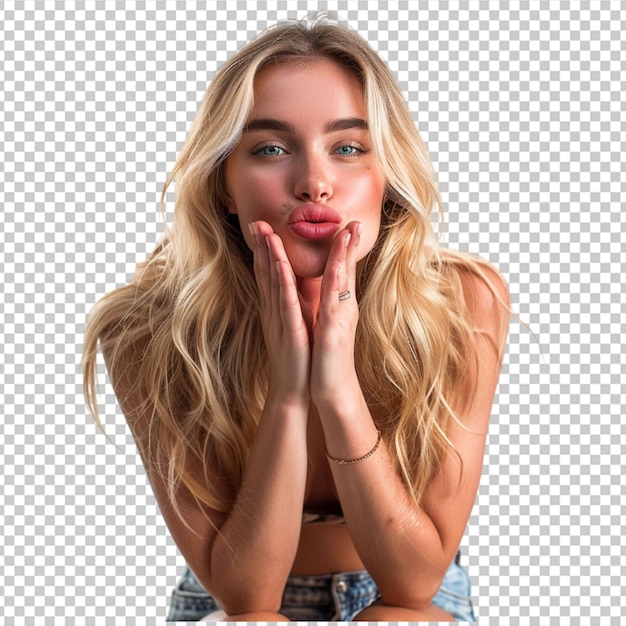 A beautiful young casual model with blonde hair posing as a blond woman blowing a kiss with love or flirting gesture isolated on a png background on white background