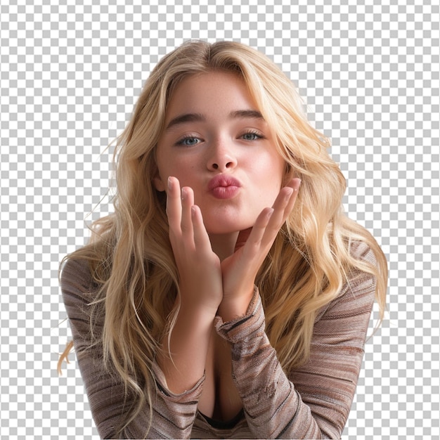 A beautiful young casual model with blonde hair posing as a blond woman blowing a kiss with love or flirting gesture isolated on a png background on white background