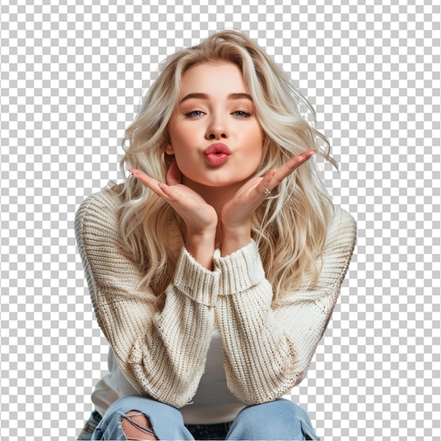 A beautiful young casual model with blonde hair posing as a blond woman blowing a kiss with love or flirting gesture isolated on a png background on white background