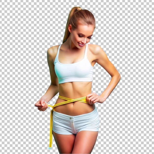 PSD beautiful young girl measuring perfect shape of waist