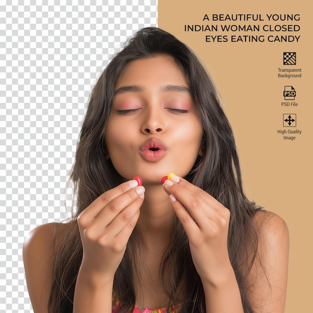 A beautiful young Indian woman eating candy isolated on transparent background