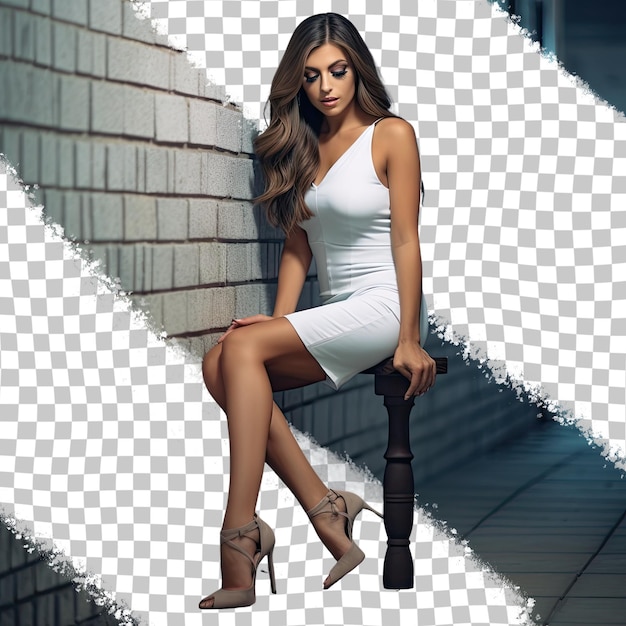 PSD beautiful young woman against transparent brick wall an attractive girl with long beautiful tanned legs is touching her dark long hair she is wearing a short transparent dress and high heels