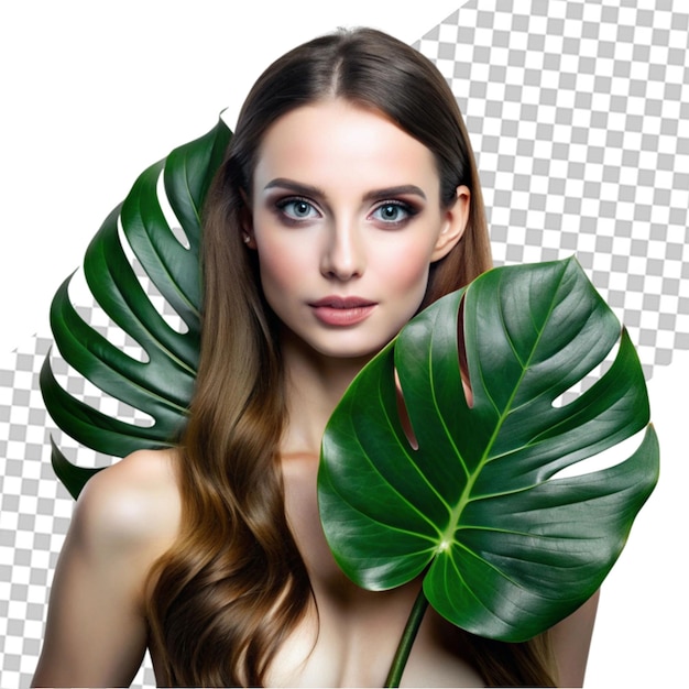 Beautiful young woman in front of big green monstera leaves elegant luxury fashion style