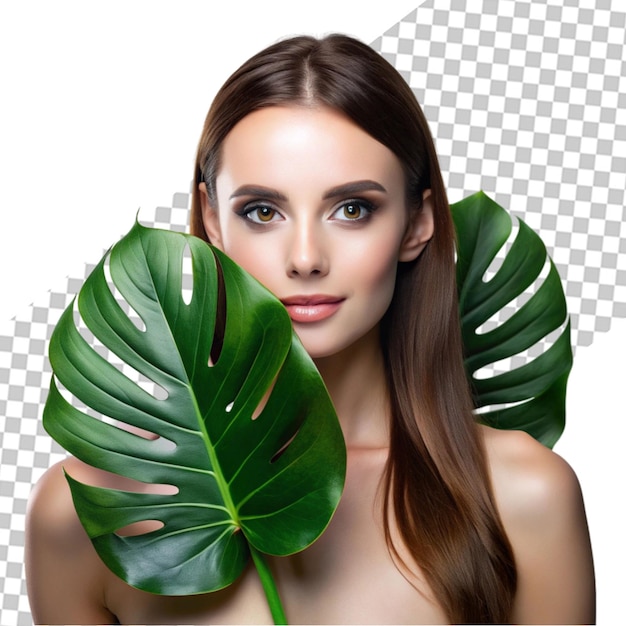 Beautiful young woman in front of big green monstera leaves elegant luxury fashion style