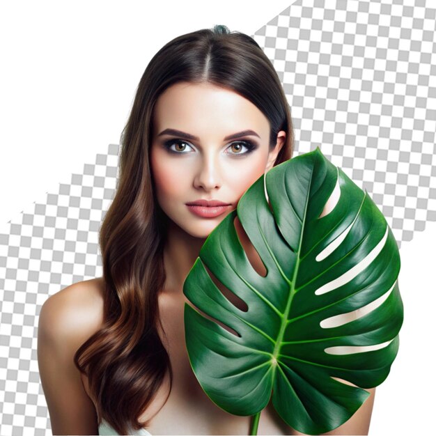 PSD beautiful young woman in front of big green monstera leaves elegant luxury fashion style