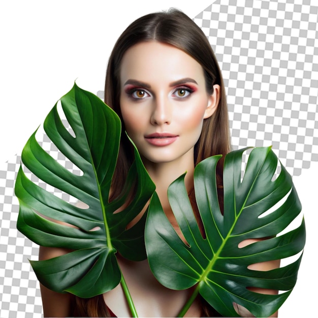 Beautiful young woman in front of big green monstera leaves elegant luxury fashion style