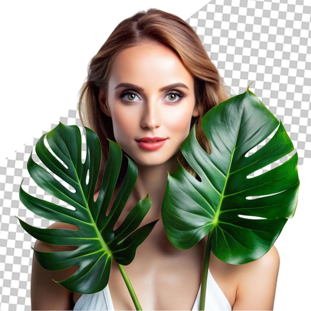 PSD beautiful young woman in front of big green monstera leaves elegant luxury fashion style