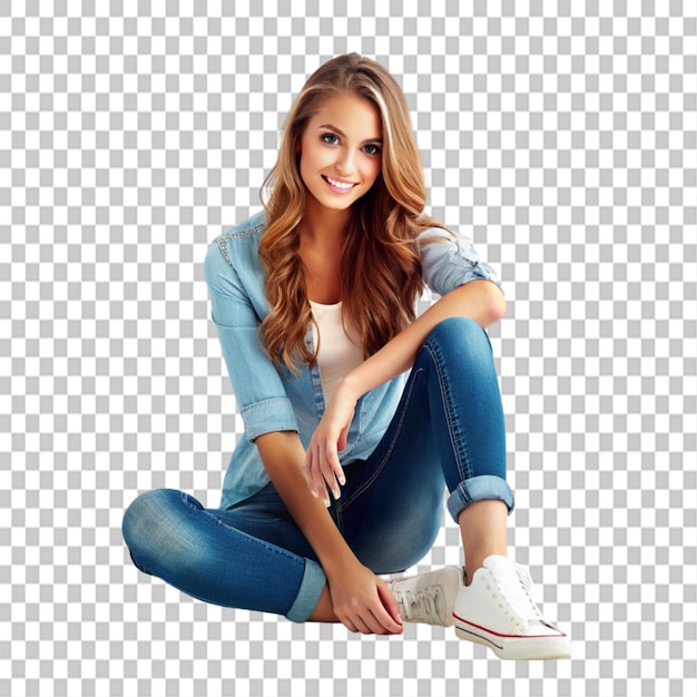 PSD beautiful young woman sitting in a trendy shoes on transparent background