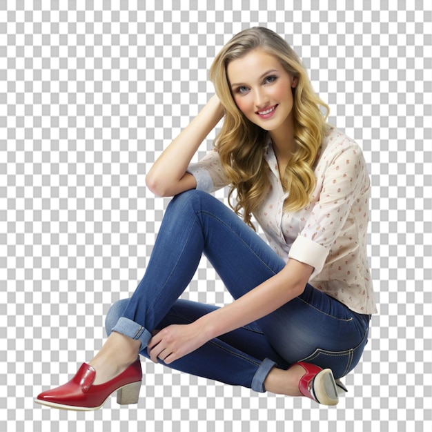 PSD beautiful young woman sitting in a trendy shoes on transparent background