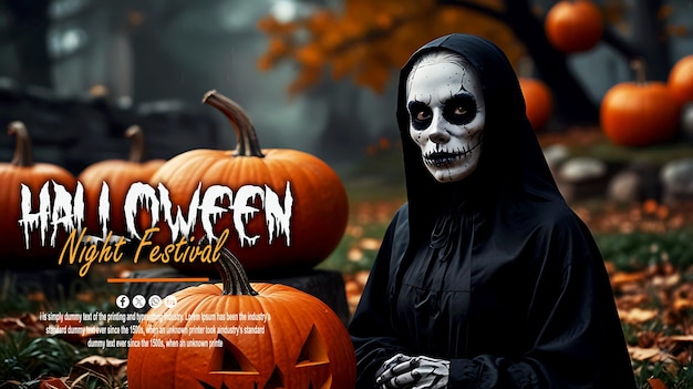 Beautiful young woman skull makeup for halloween with a magic Pumpkin in a dark background