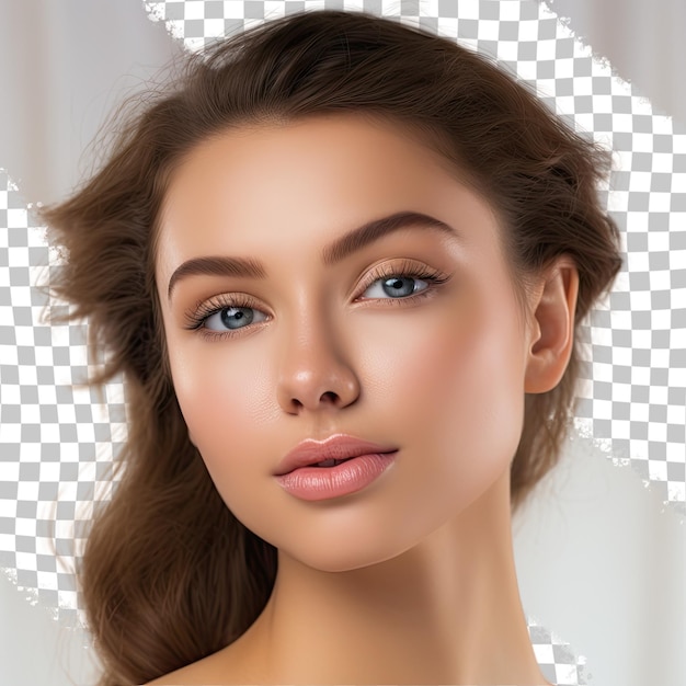 Beautiful young woman with clean perfect skin Portrait of beauty model with natural nude make up and touching her face Spa skincare and wellness Close up transparent background copyspace