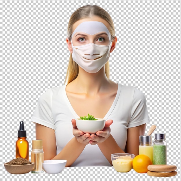 PSD beautiful young woman with face mask holding cucumber slice over her eye