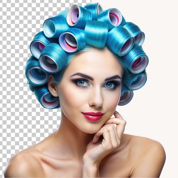 PSD beautiful young woman with yellow blue curlers on transparent background