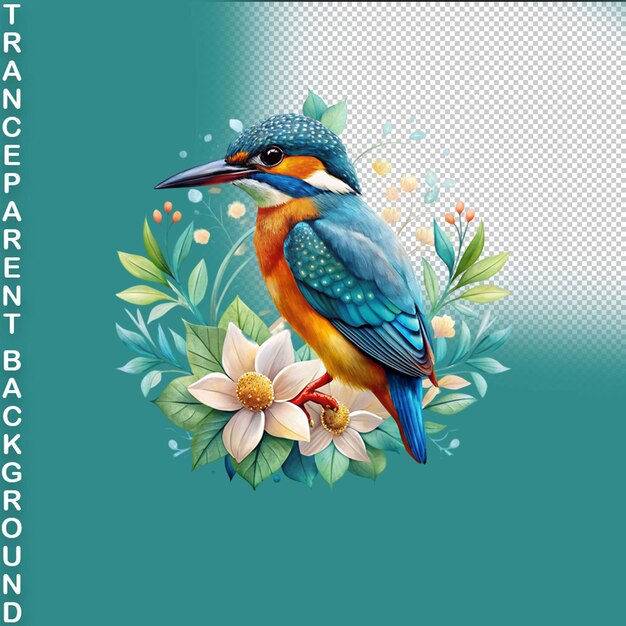 PSD beauty blue bird and nature plants on transparent background