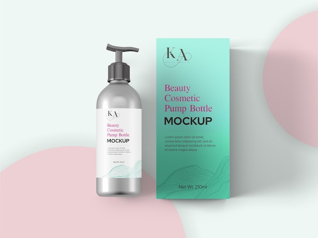 Beauty Cosmetic Pump Bottle Mockup Template Label and Box Packaging