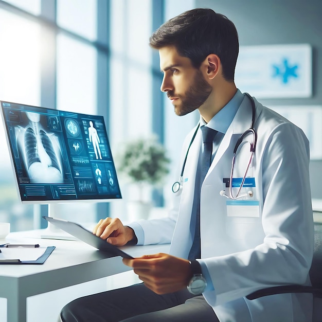 A beautyful female doctor in a white lab coat with a stethoscope