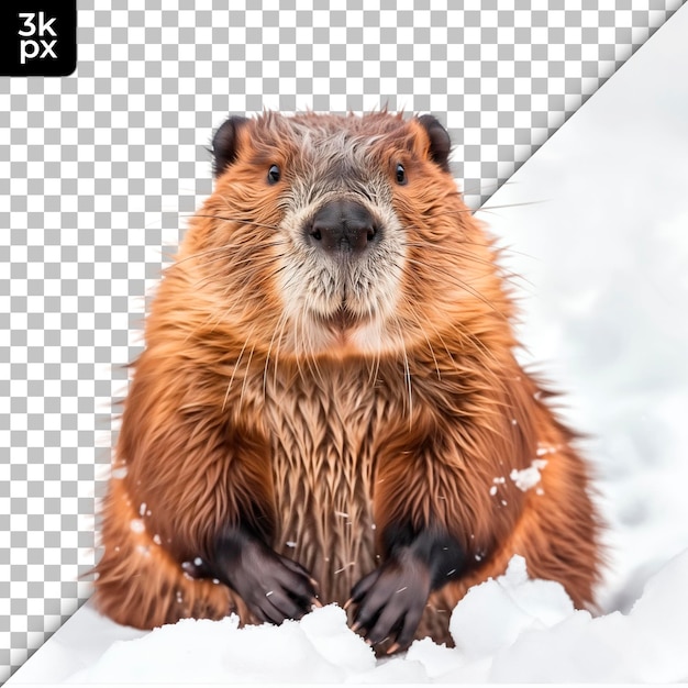 a beaver with a brown head and paws on a snow covered surface