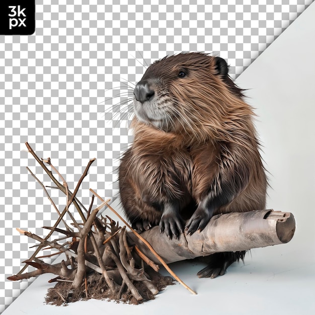 a beaver with a log in his mouth and a log in front of him