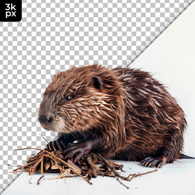 a beaver with a stick in its mouth and a stick in the background