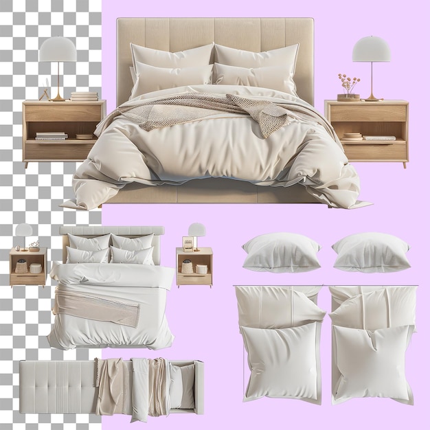 PSD bed set from different angles wooden beds with white linen pillows and duvets modern realistic mockup of blank linen on wood beds 3d furniture for sleeping isolated on white background png