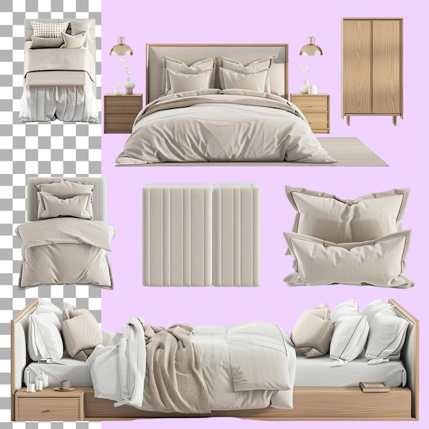 PSD bed set from different angles wooden beds with white linen pillows and duvets modern realistic mockup of blank linen on wood beds 3d furniture for sleeping isolated on white background png