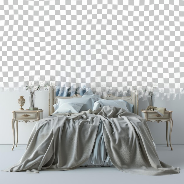 a bed with a gray blanket and a white and black and white pattern