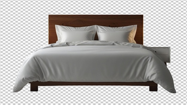 a bed with a gray comforter and white sheets