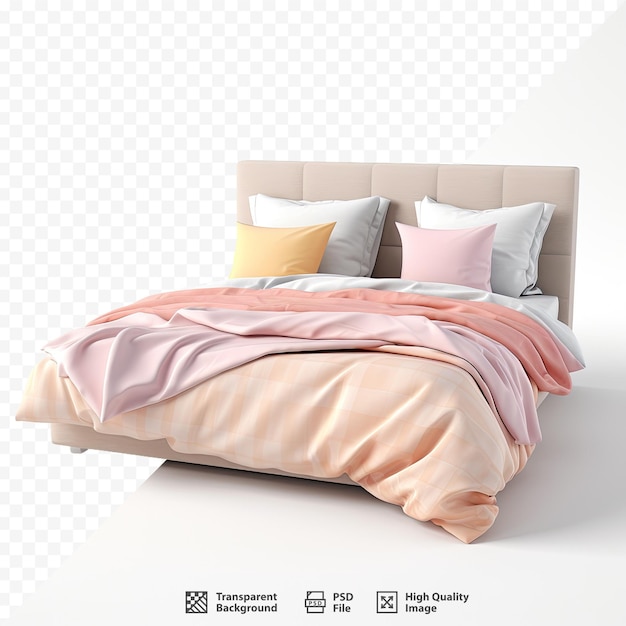 a bed with a pink comforter and a white headboard.