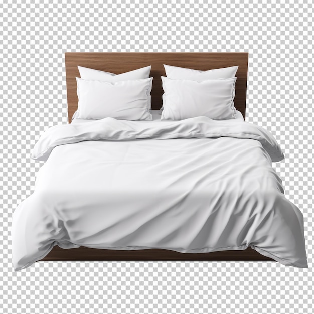 Bed with white bed cover and pillow isolated on transparent background