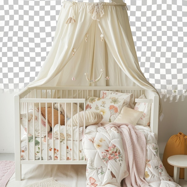 a bed with a white canopy and a pink and white blanket