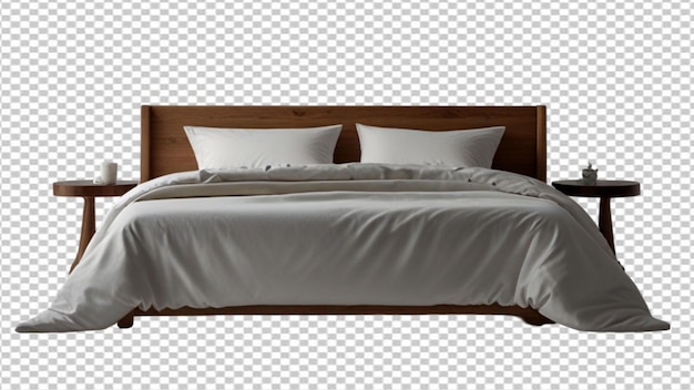 a bed with a white sheet and a brown headboard