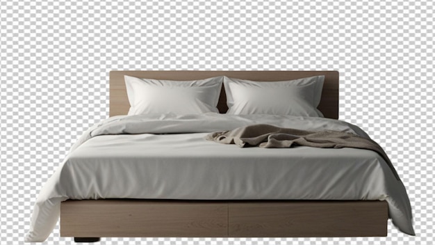 a bed with white sheets and a brown headboard