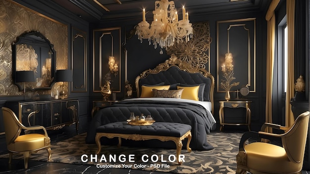 PSD a bedroom with a bed and a chandelier with a gold frame