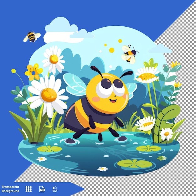 PSD a bee is flying over a pond with daisies and butterflies