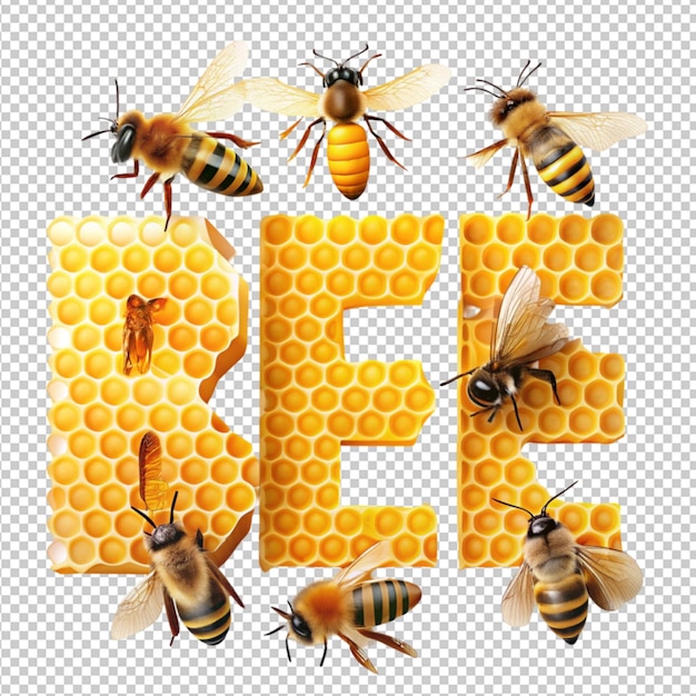 PSD bee text with honeycomb are isolated on transparent background