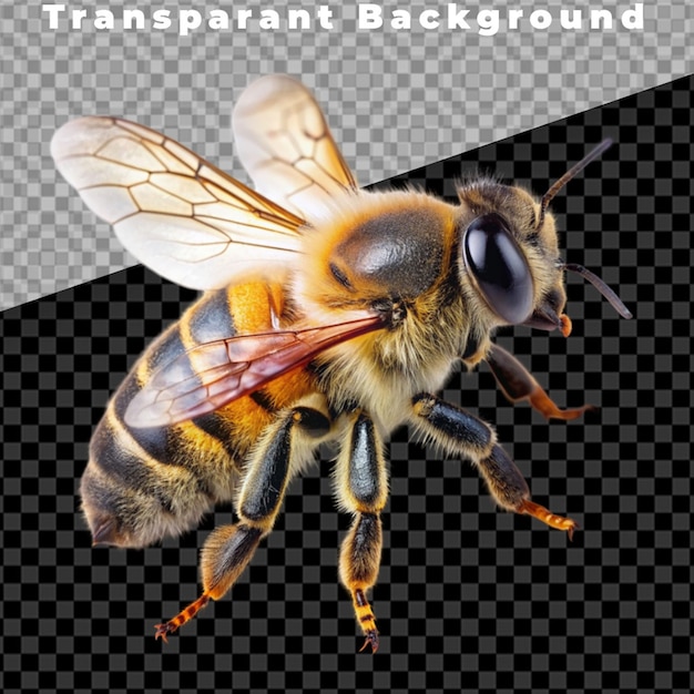 PSD a bee with a yellow body and a black and white background