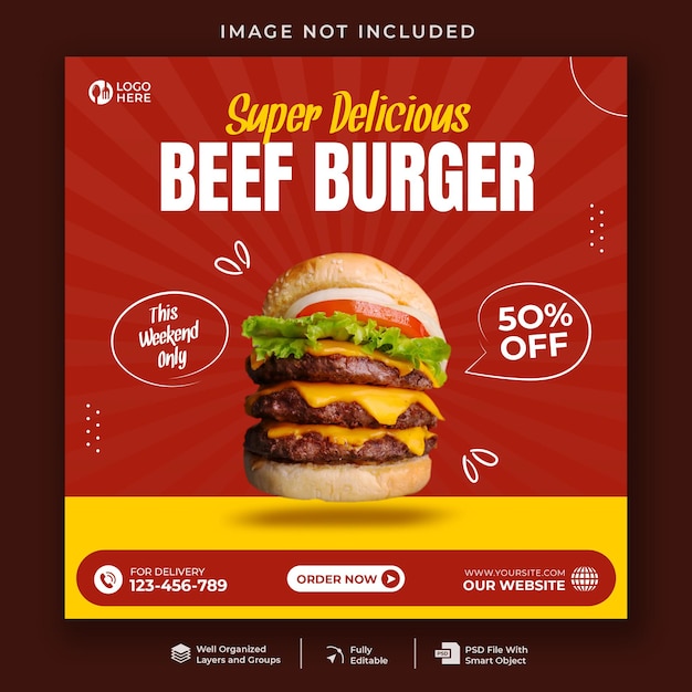 Beef burger fast food menu social media banner template