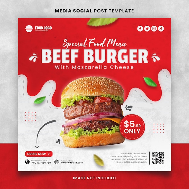 Beef Burger Food Menu and Restaurant Media Social Post Template