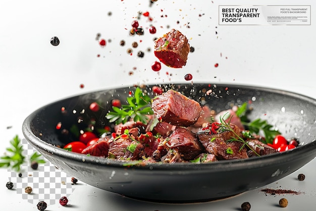 PSD beef meat flying from a pan with spices and pepper isolated on transparent background