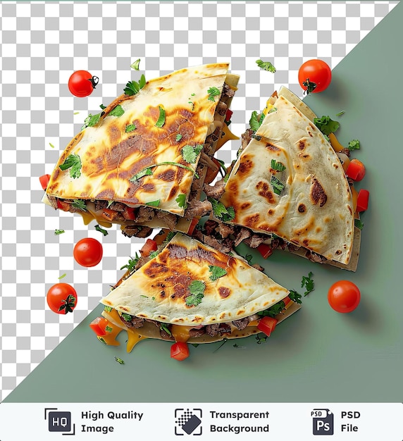 beef quesadillas topped with tomatoes and herbs on a blue table